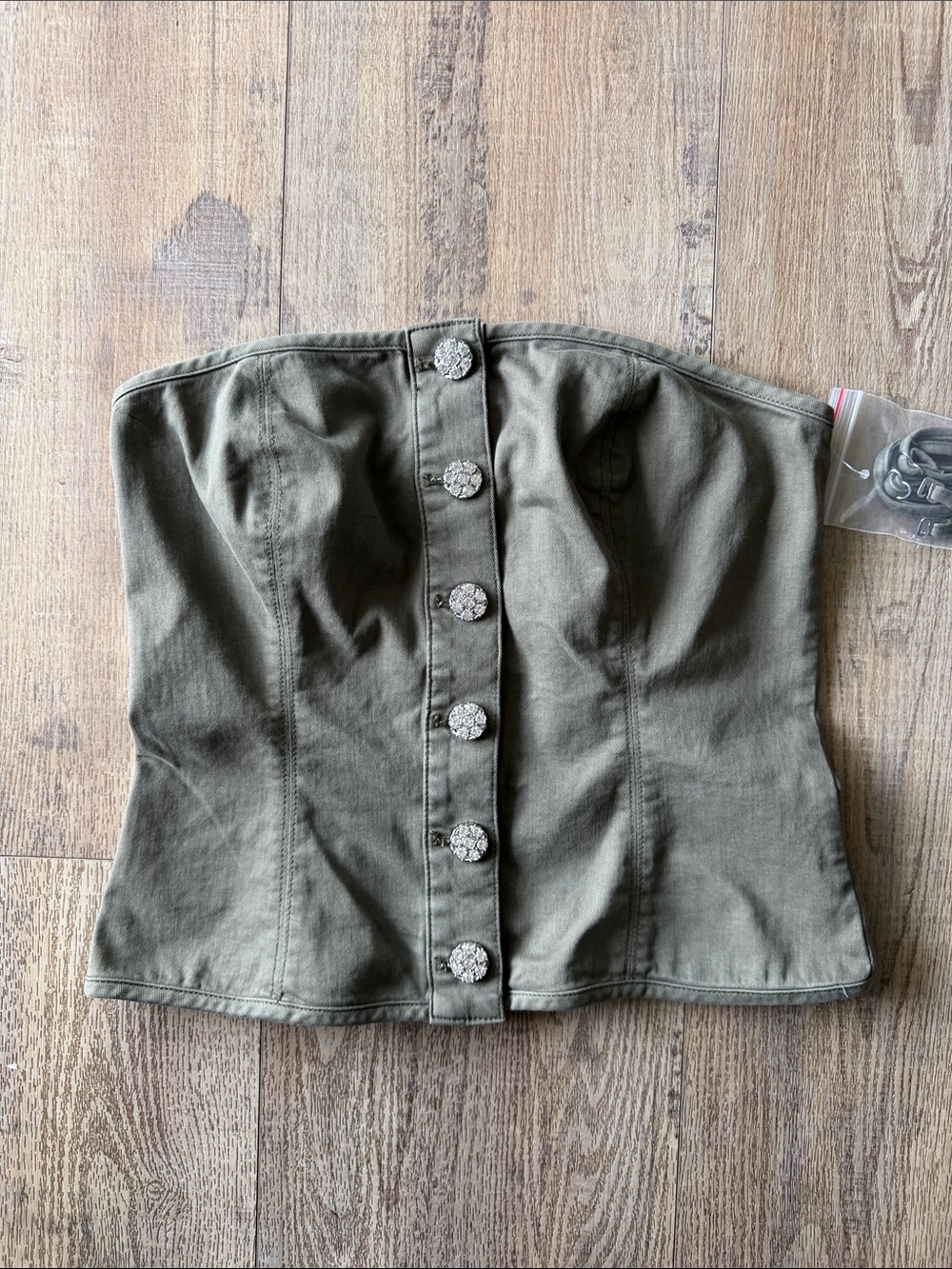 White House Black Market Olive Strapless Corset Top with Decorative Buttons